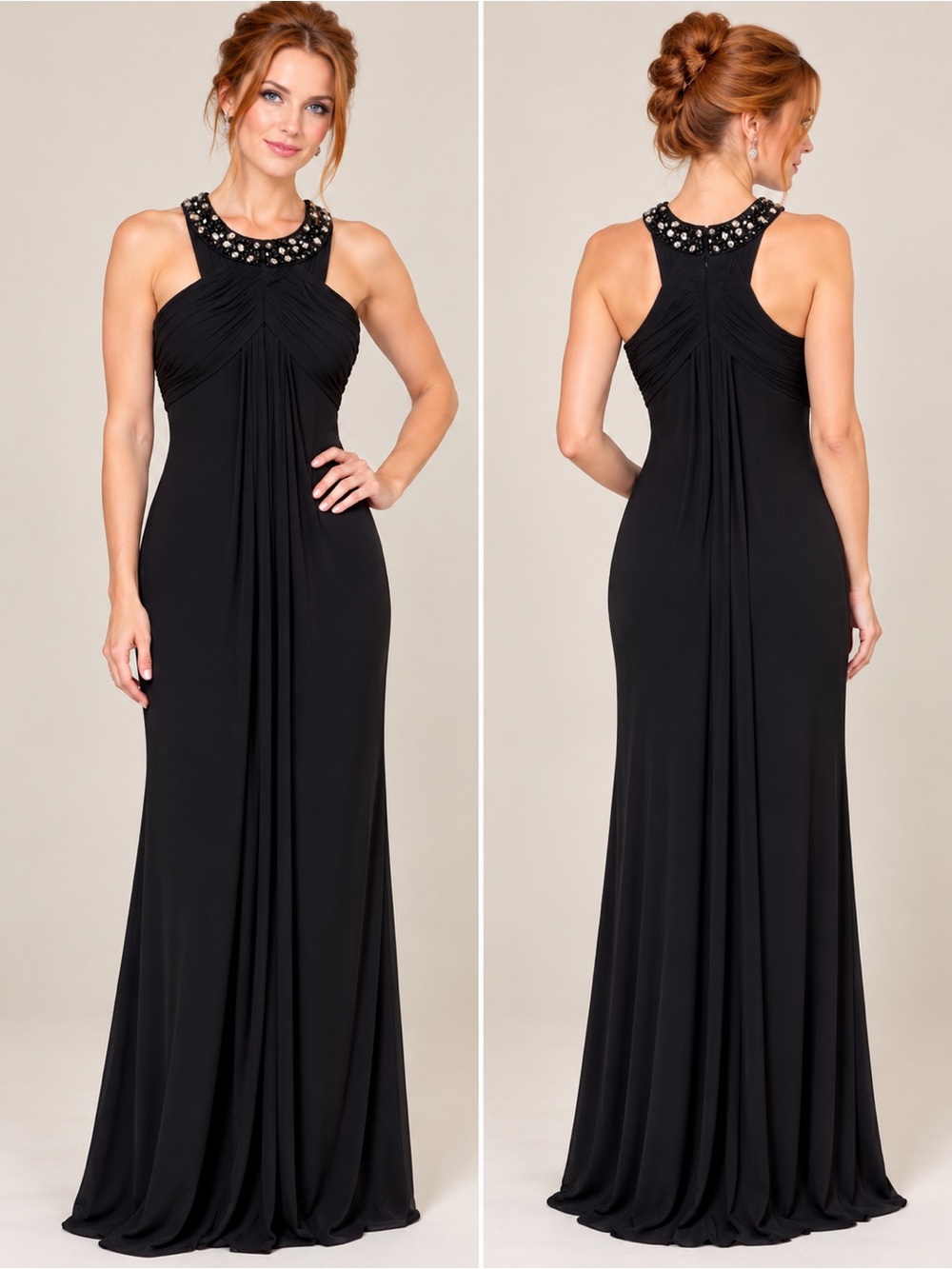 Alex Evening Black Embellished Halter Evening Dress - Elegant Long Women’s S 16